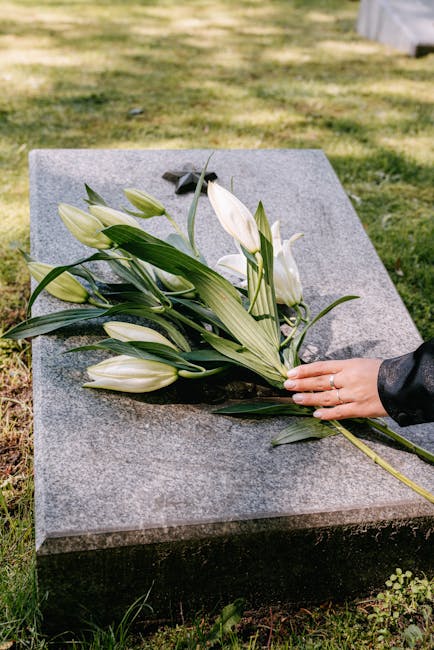 A hand, wearing a dark leather sleeve, gently places a bouquet of white, elongated lilies with open blooms and green, variegated leaves onto a polished grey stone memorial at Kensal Green Cemetery. Th